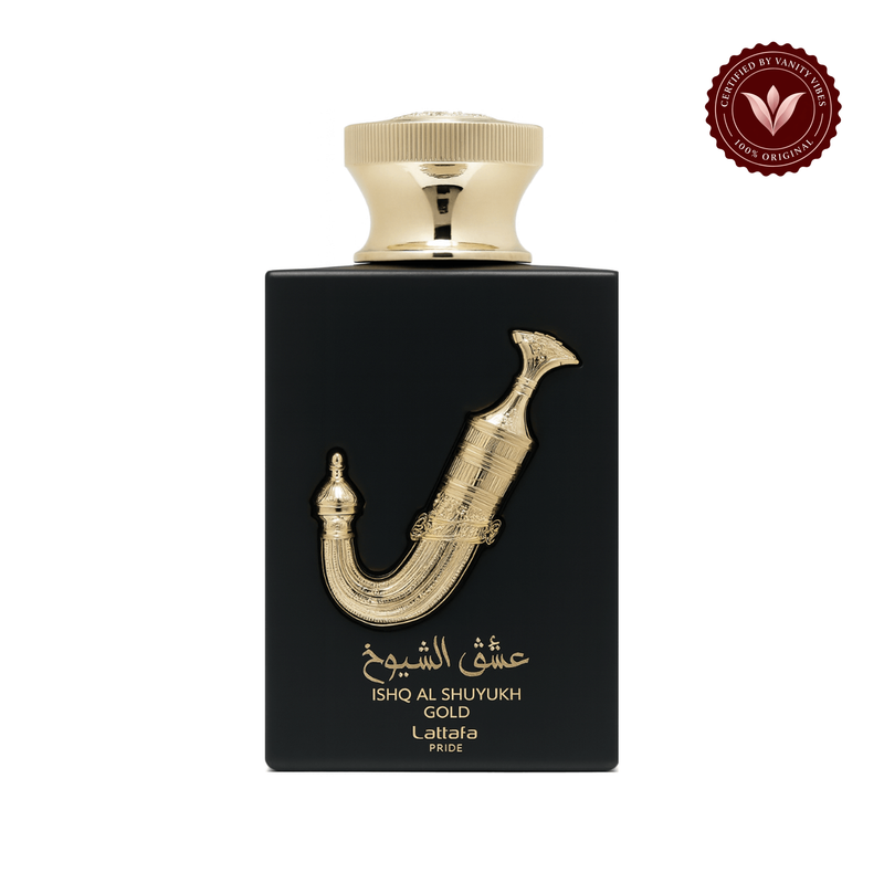 Lattafa Ishq Al Shuyukh Gold EDP 100ml — centered front product photo on white with Vanity Vibes badge