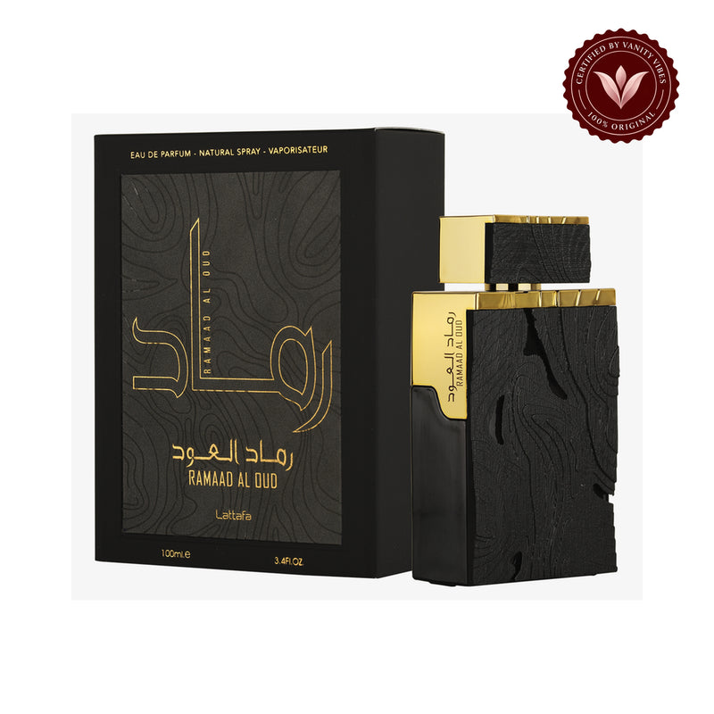 Lattafa Ramaad Al Oud EDP 100ml for Women and Men Perfume — secondary product image on white background with Vanity Vibes badge
