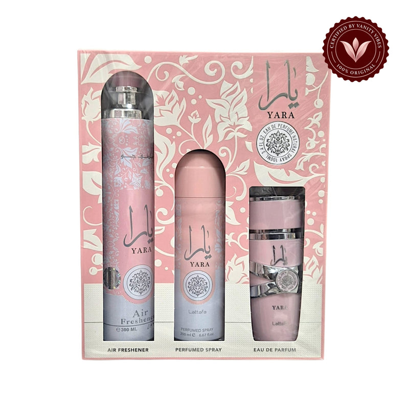 Lattafa Yara 3 Pcs Gift Set With 100ml Perfume EDP + 200ml Deo + 300ml Air Freshner — secondary product image on white background with Vanity Vibes badge