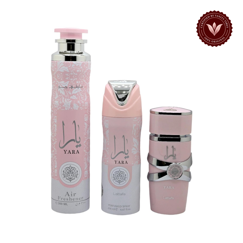 Lattafa Yara 3 Pcs Gift Set With 100ml Perfume EDP + 200ml Deo + 300ml Air Freshner — white background product image with Vanity Vibes badge