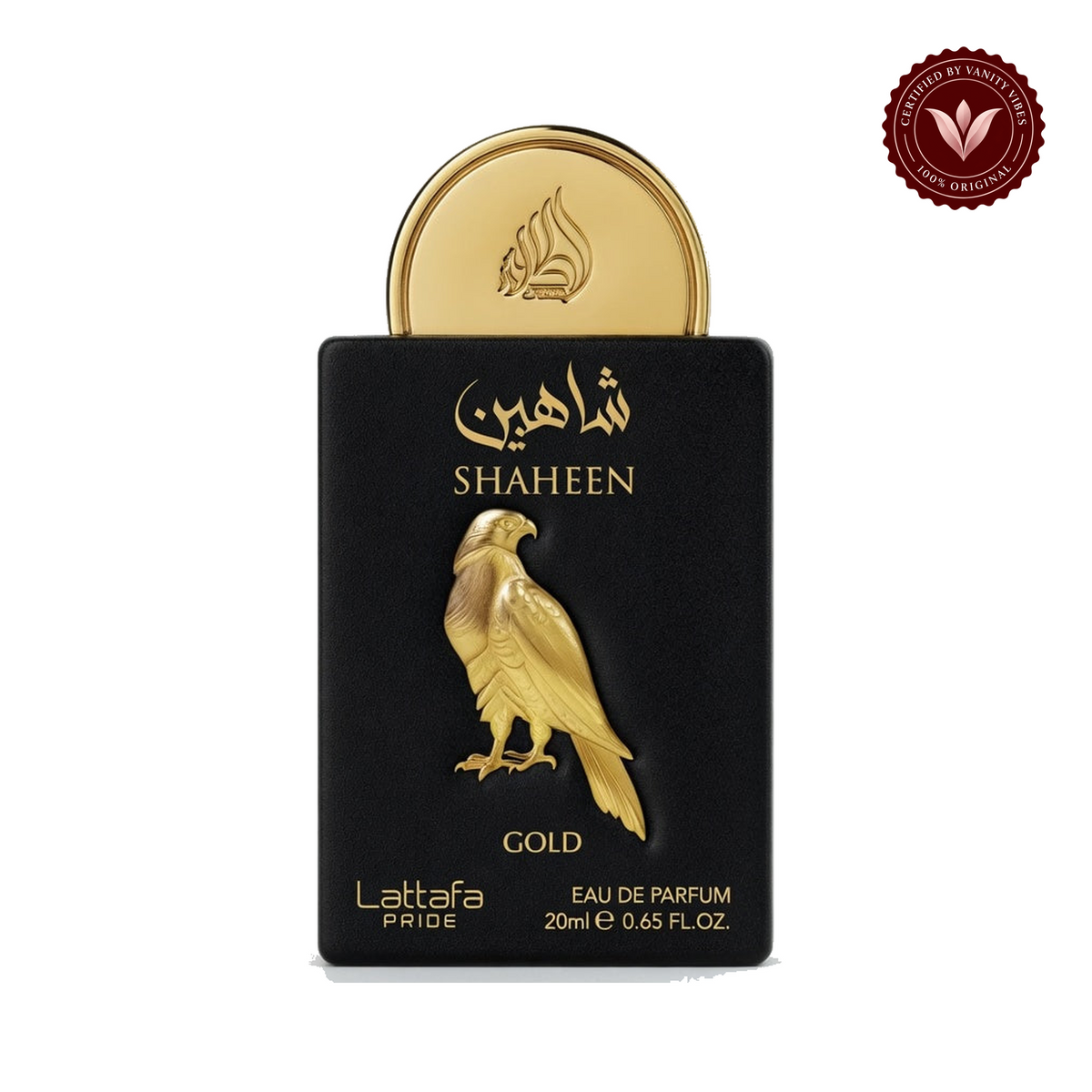 Lattafa Shaheen Gold Eau de Parfum Spray Trial Size, 20ml — white background product image with Vanity Vibes badge