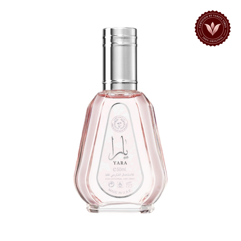 Lattafa Yara Eau de Parfum 50ml for Women front view on white background with Vanity Vibes badge