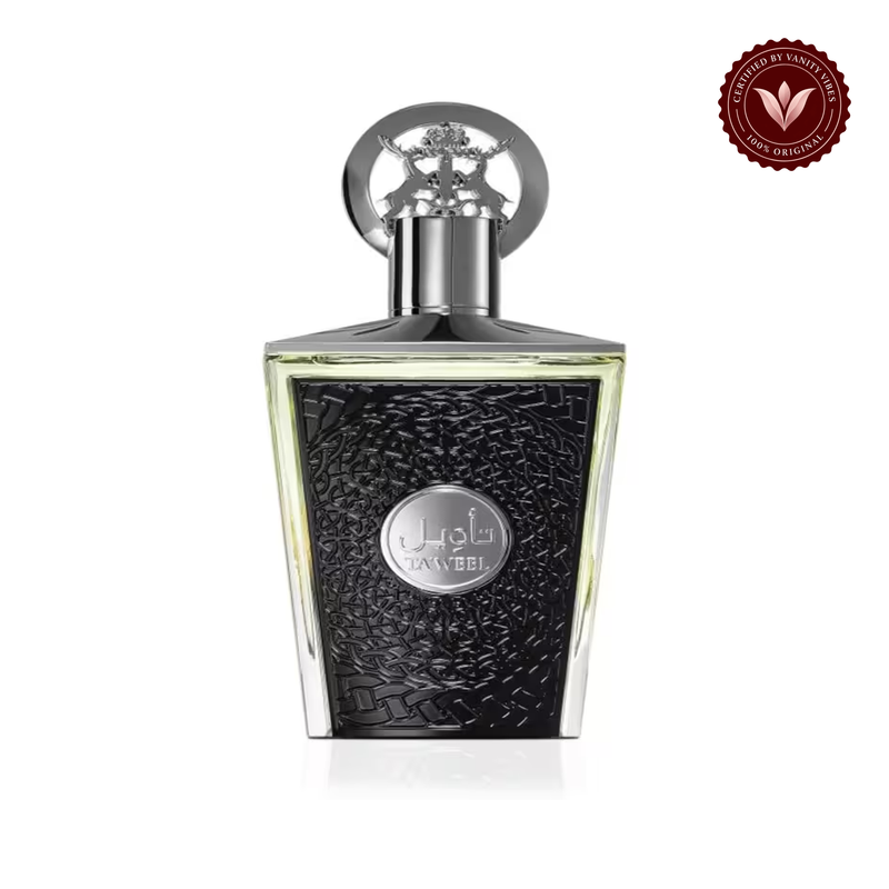 Lattafa Taweel 100ml front bottle on white background with Vanity Vibes authenticity badge