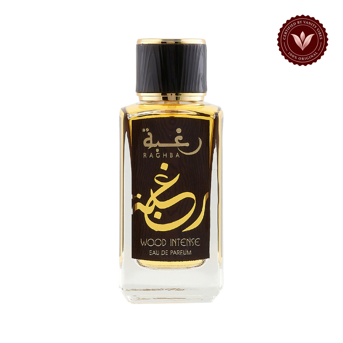 Lattafa Raghba Wood Intense 100ml front bottle on white background with Vanity Vibes authenticity badge