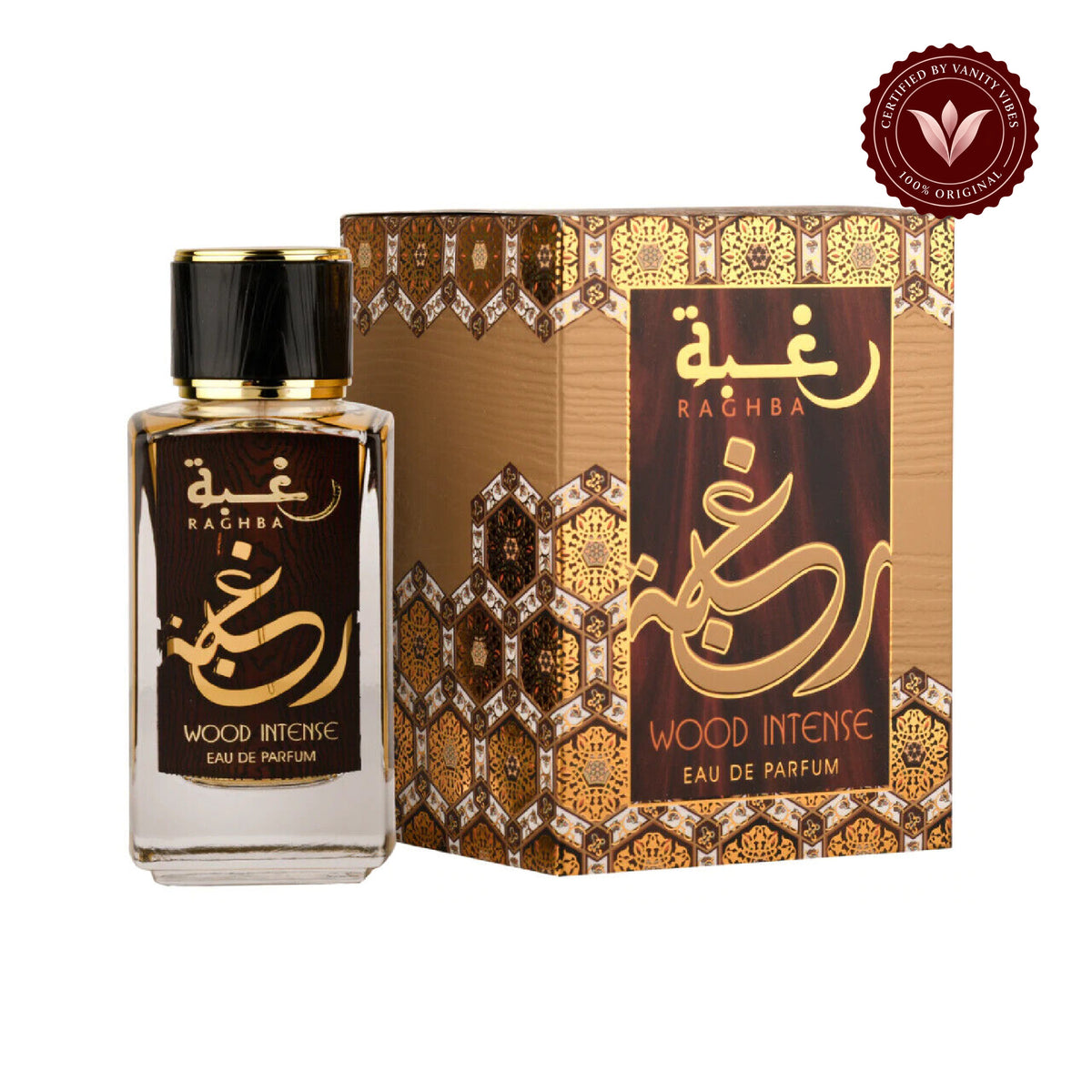 Lattafa Raghba Wood Intense for Men EDP 100ml — secondary product image on white background with Vanity Vibes badge
