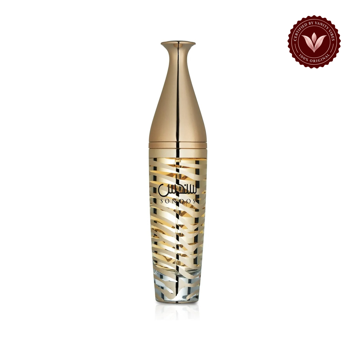 Lattafa Sondos 100ml front bottle on white background with Vanity Vibes authenticity badge