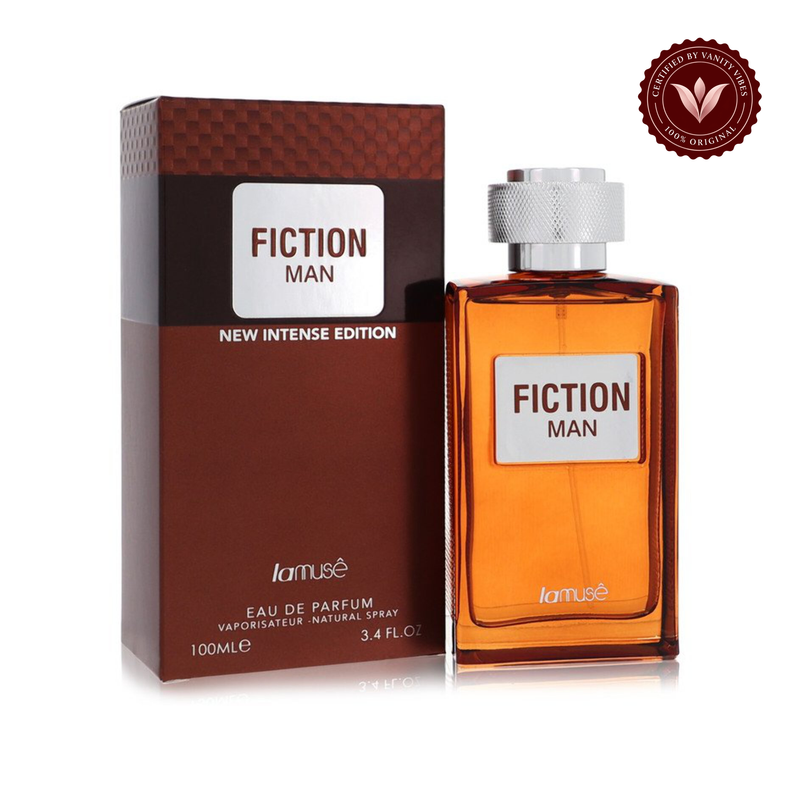 Lattafa La Muse Fiction Man EDP — alternate product and packaging view on white with Vanity Vibes badge