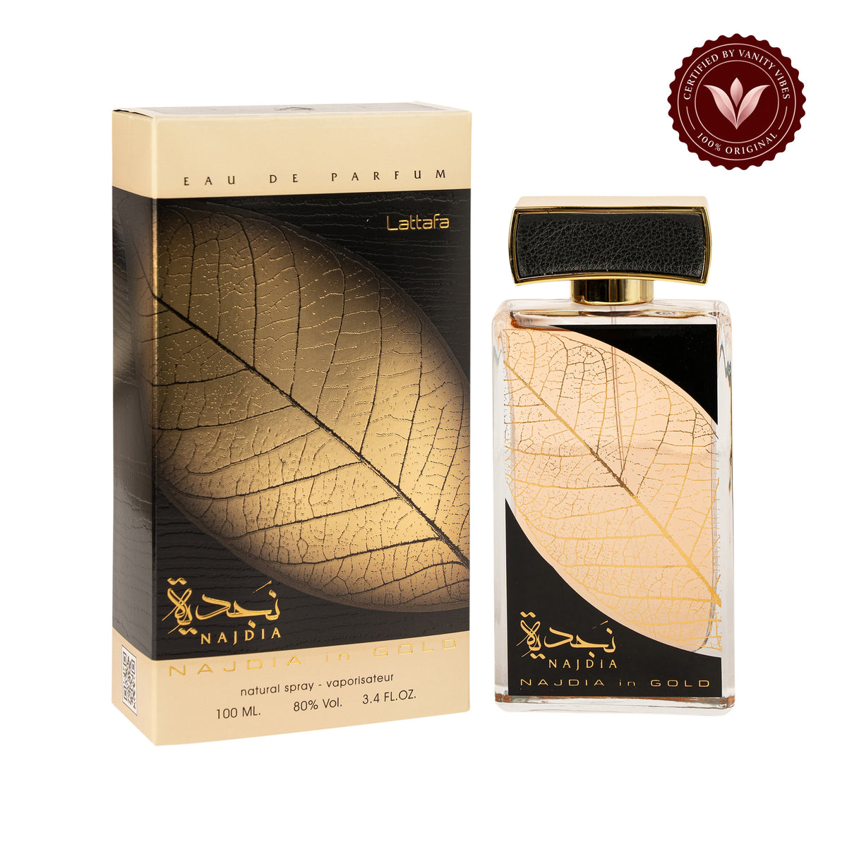 Najdia Gold 100ml by Lattafa — secondary product image on white background with Vanity Vibes badge