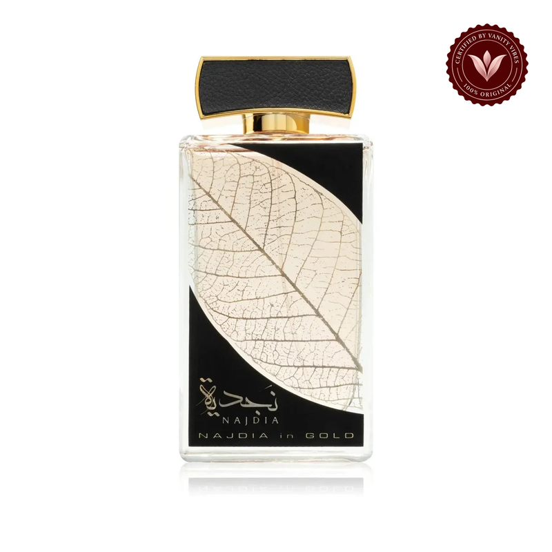 Najdia Gold 100ml by Lattafa front view on white background with Vanity Vibes badge