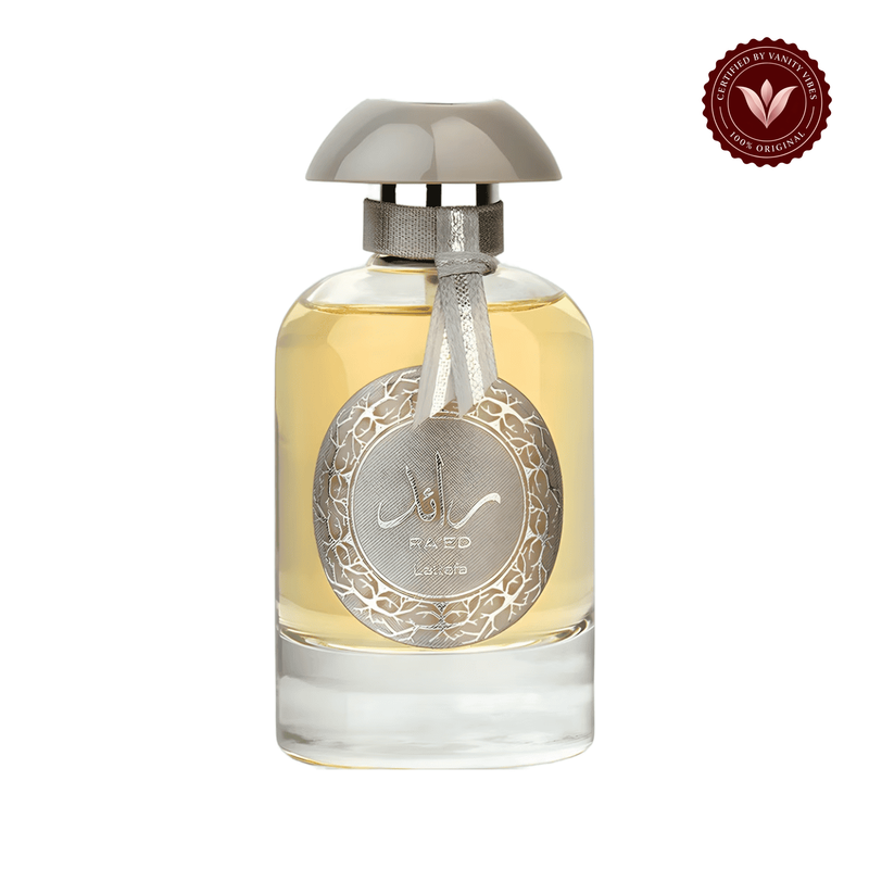 Lattafa Perfume Ra'ed Silver front view on white background with Vanity Vibes badge