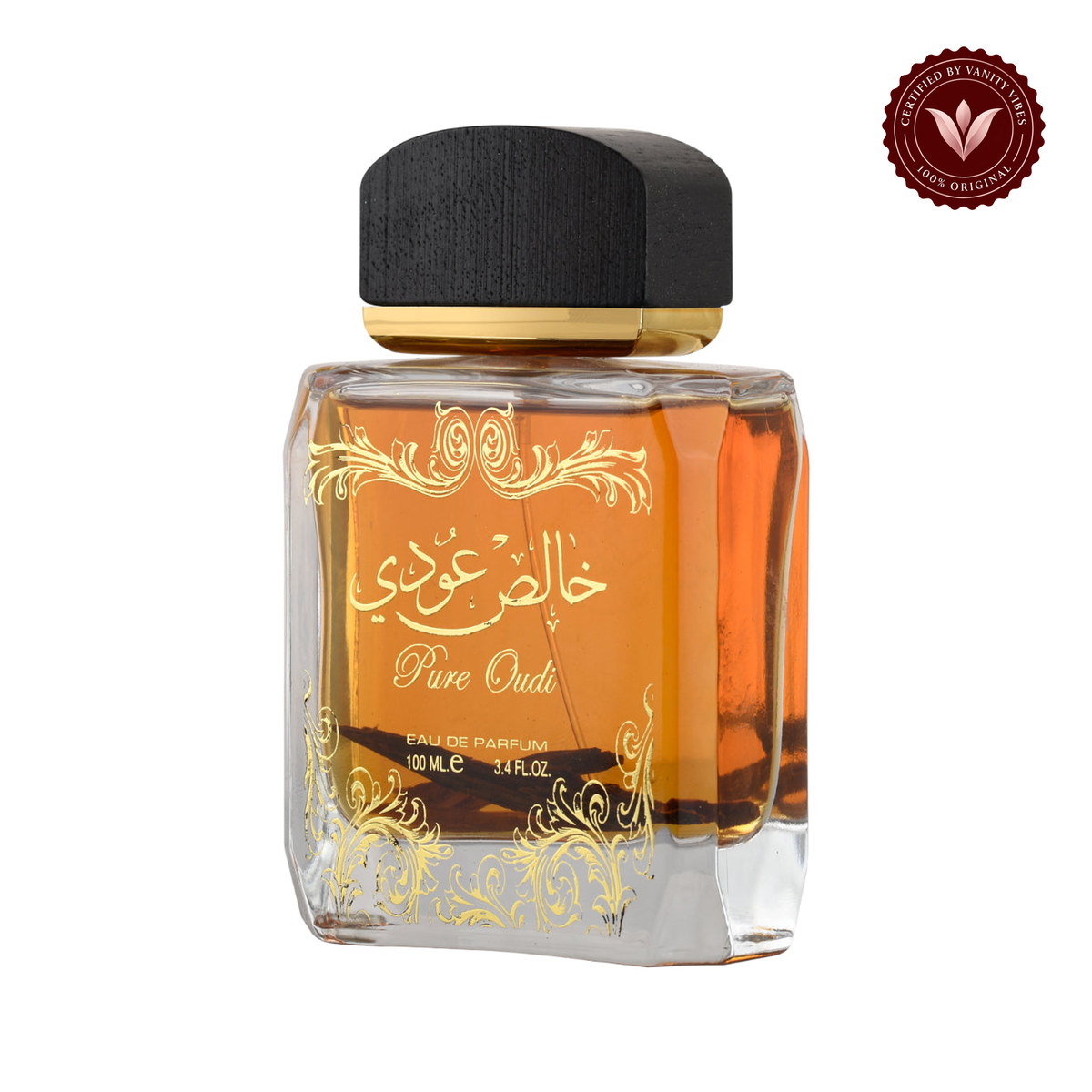 Lattafa Pure Oudi Eau De Parfum front view on white background with Vanity Vibes badge