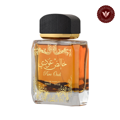 Lattafa Pure Oudi Eau De Parfum front view on white background with Vanity Vibes badge