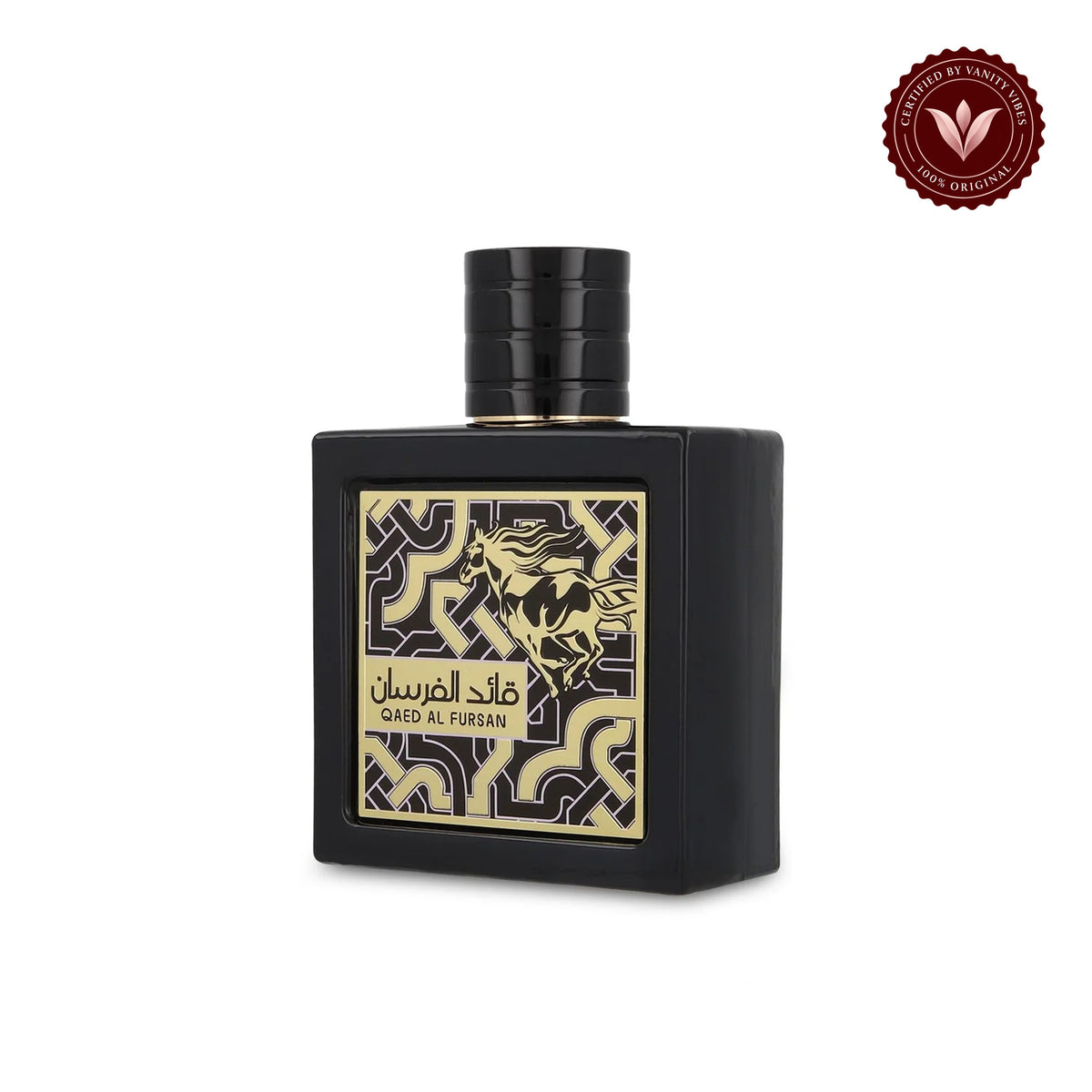 Lattafa Qaed Al Fursan Black 90ml Long Lasting Unisex Eau de Parfum — centered product on white background with Vanity Vibes badge
