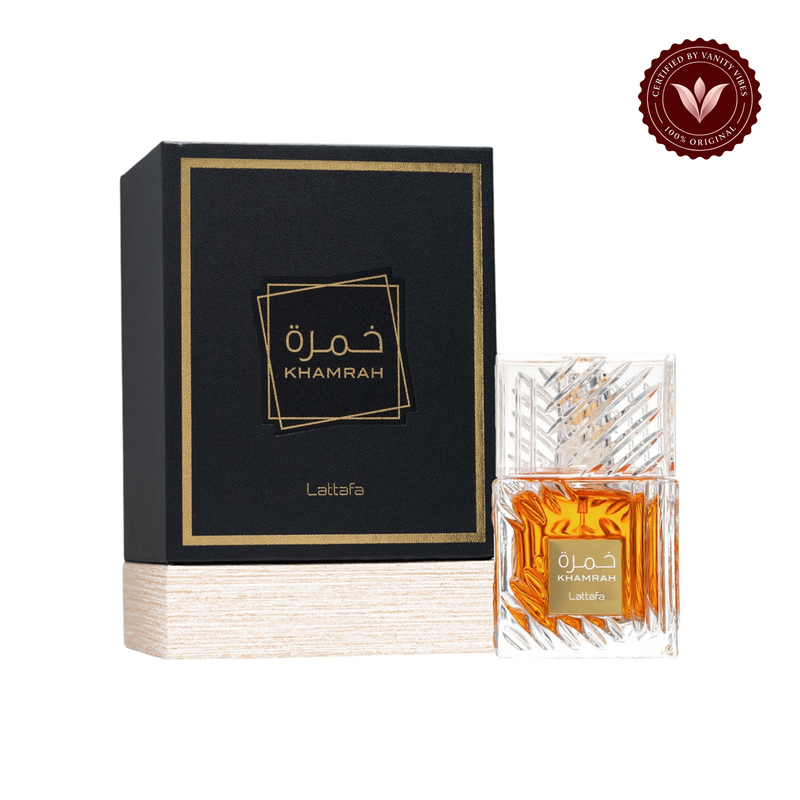 Lattafa Khamrah EDP 100ml — alternate product and packaging view on white with Vanity Vibes badge