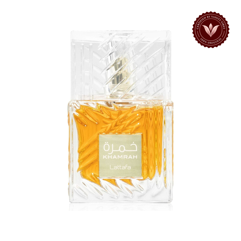 Lattafa Khamrah EDP 100ml — centered front product photo on white with Vanity Vibes badge