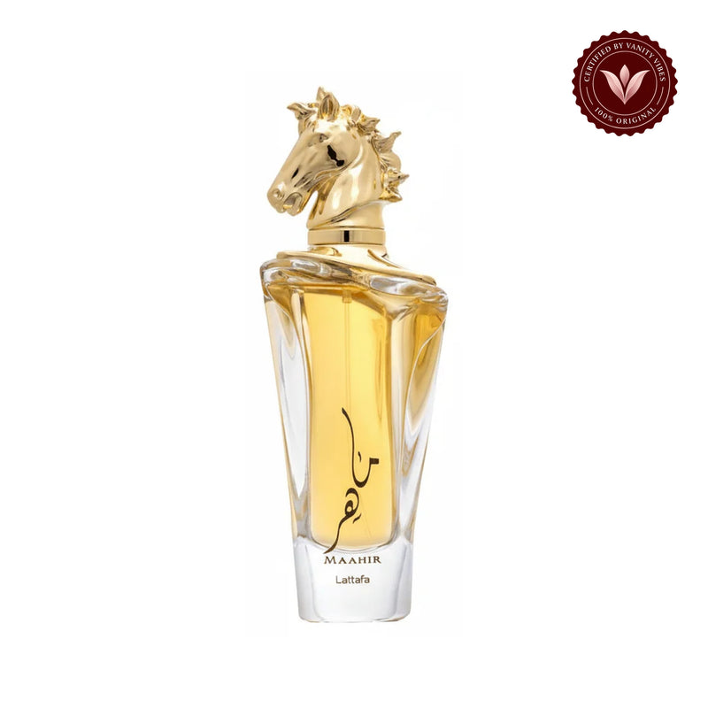Lattafa Maahir Gold Perfume EDP 100ml Long Lasting Arabic Unisex Fragrance — centered product on white background with Vanity Vibes badge
