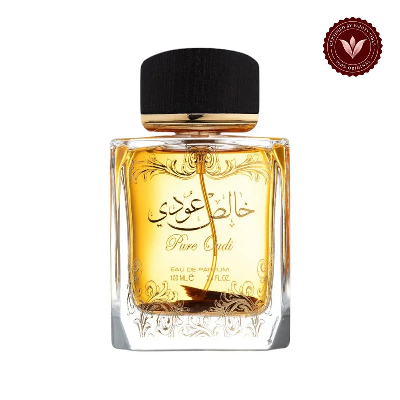 Lattafa Pure Oudi Liquid for Women And Men Eau de Parfum 100ml — centered product on white background with Vanity Vibes badge