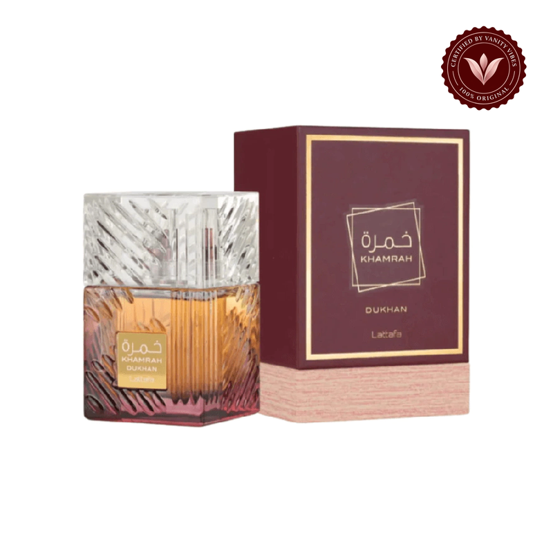Lattafa Khamrah Dukhan EDP 100ml — alternate product and packaging view on white with Vanity Vibes badge