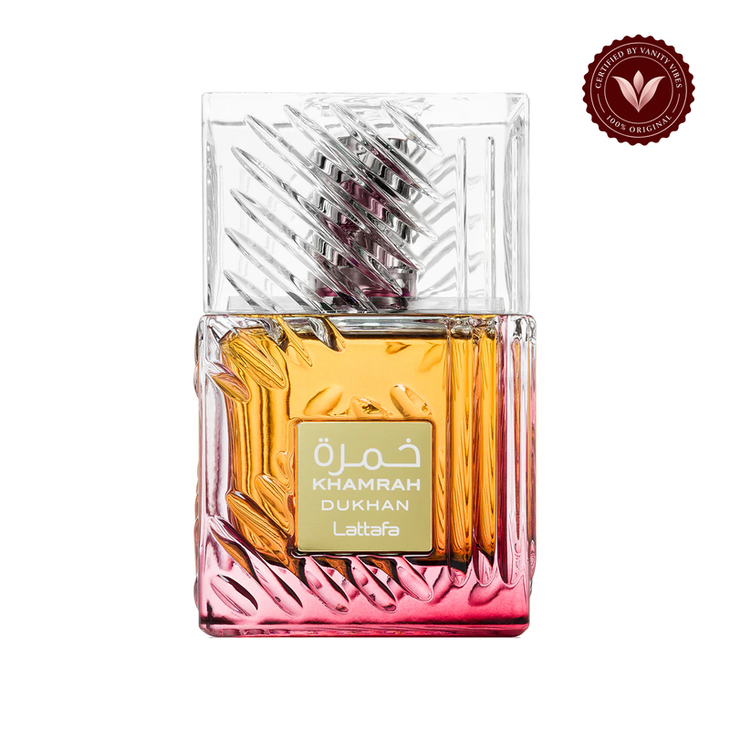 Lattafa Khamrah Dukhan EDP 100ml — centered front product photo on white with Vanity Vibes badge