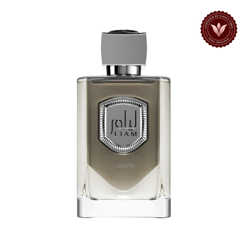 Liam Grey by Lattafa Eau de Parfum 100ml for Men Long Lasting Arabic Perfume — centered product on white background with Vanity Vibes badge