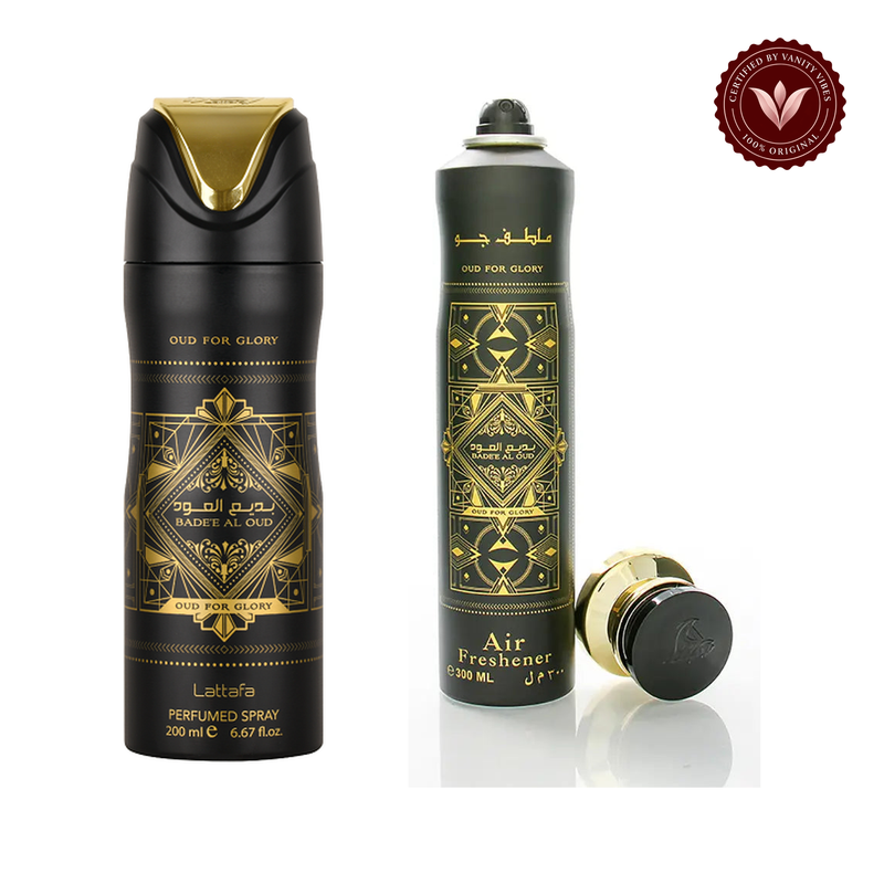 Badee Al Oud Oud For Glory Deodorant Spray 200ml + Badee Al Oud Oud For Glory Air Freshener 300ml by Lattafa (Pack of 2) — front product image