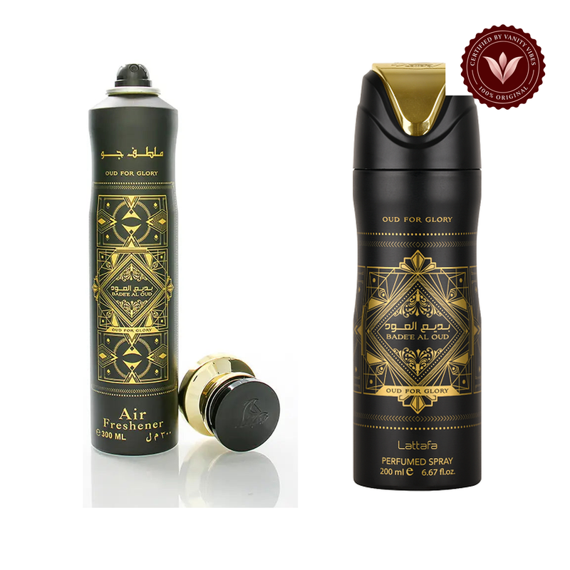 Badee Al Oud Oud For Glory Deodorant Spray 200ml + Badee Al Oud Oud For Glory Air Freshener 300ml by Lattafa (Pack of 2) — alternate product image