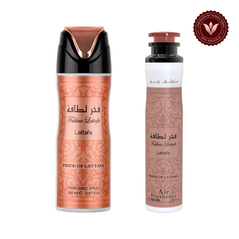 Fakhar Women Deodorant Spray 200ml + Fakhar Women Air Freshener 300ml by Lattafa (Pack of 2) — front product image
