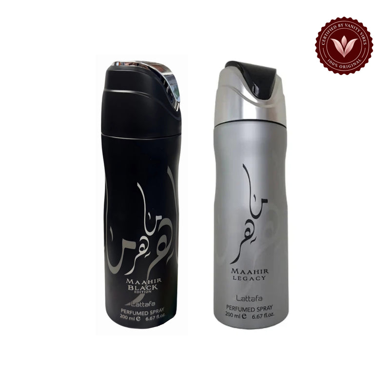 Maahir Black Edition Deodorant Spray 200ml + Maahir Legacy Deodorant Spray 200ml by Lattafa (Pack of 2) — centered product on white background with Vanity Vibes badge