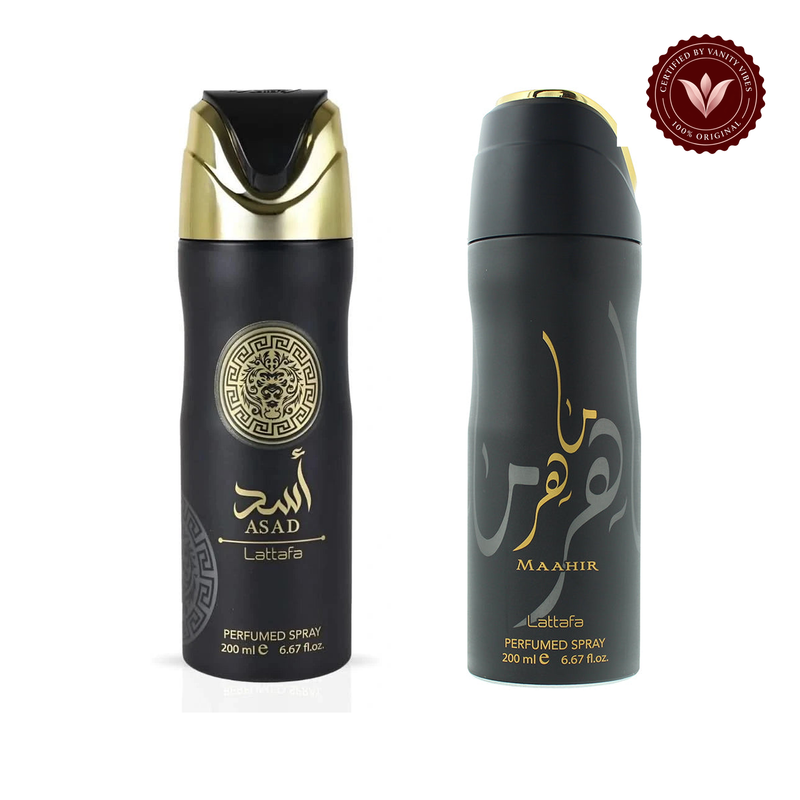 Asad Deodorant Spray 200ml + Maahir Deodorant Spray 200ml by Lattafa (Pack of 2) — front product image