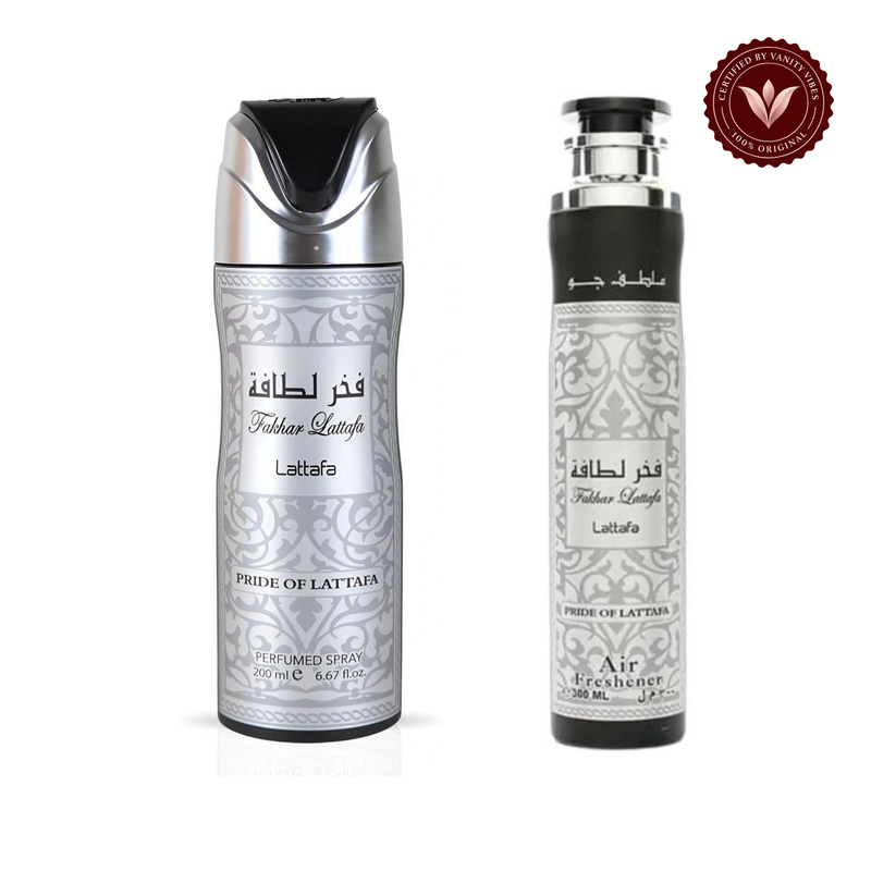 Fakhar Silver Deodorant Spray 200ml + Fakhar Silver Air freshener by Lattafa 300ml (Pack of 2) — front product image