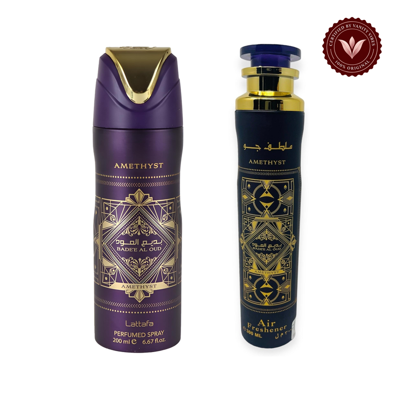 Badee Al Oud Amethyst Deodorant Spray 200ml + Badee Al Oud Amethyst Air Freshener 300ml by Lattafa (Pack of 2) — front product image