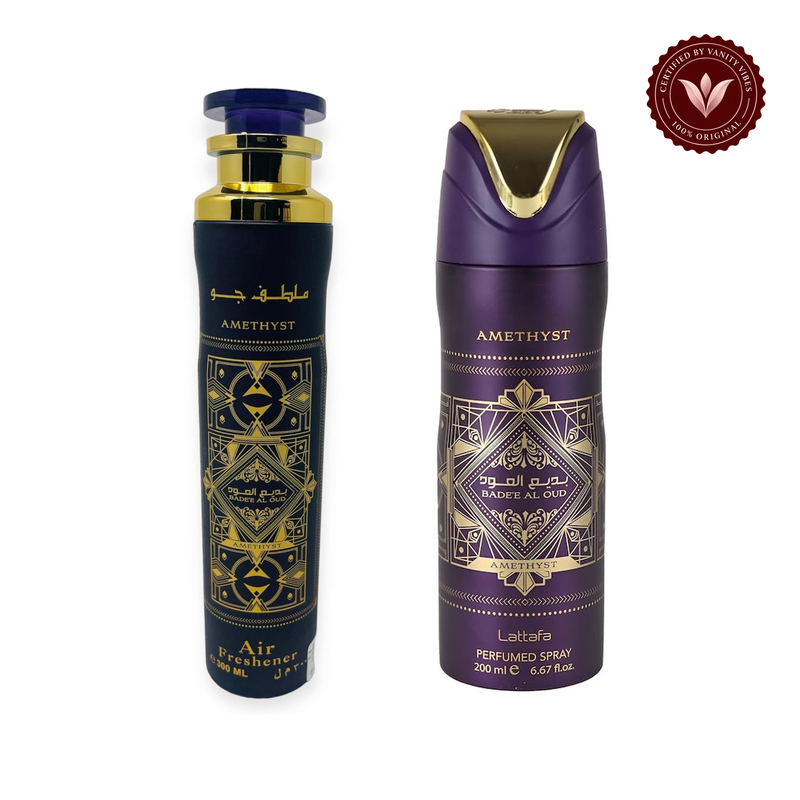Badee Al Oud Amethyst Deodorant Spray 200ml + Badee Al Oud Amethyst Air Freshener 300ml by Lattafa (Pack of 2) — alternate product image