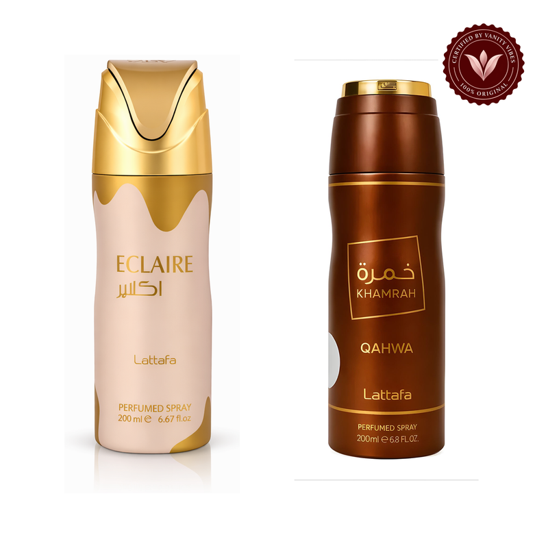 Eclaire Deodorant Spray 200ml + Khamrah Qahwa Deodorant Spray 200ml by Lattafa (Pack of 2) — front product image