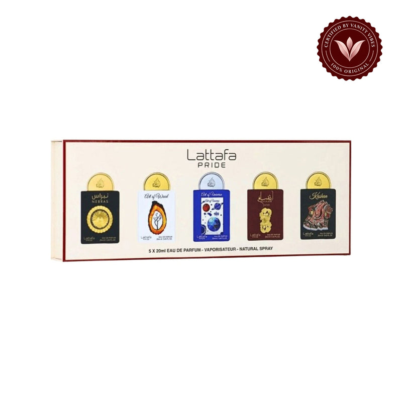 Lattafa Pride Eau de Parfum Gift Set Collection No.3 (5 x 20ml) — centered product on white background with Vanity Vibes badge