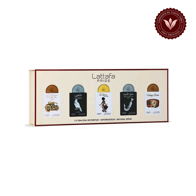 Lattafa Pride Eau de Parfum Gift Set Collection No.5 (5 x 20ml) — centered product on white background with Vanity Vibes badge