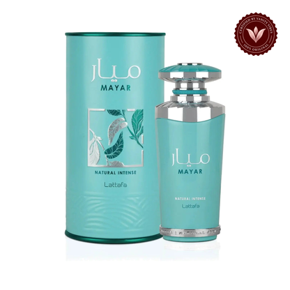 Lattafa Mayar Intense Eau de Parfum 100ml - Long Lasting Original Elegant Floral Fragrance for Women — box and bottle on white background