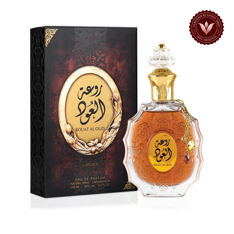 Lattafa Rouat Al Oud Eau de Parfum 100ml - Long Lasting Rich Oud Unisex Fragrance for Men & Women — alternate product view, white background — Vanity Vibes