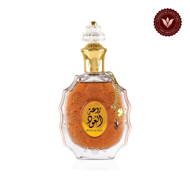 Lattafa Rouat Al Oud Eau de Parfum 100ml - Long Lasting Rich Oud Unisex Fragrance for Men & Women — front single product, white background — Vanity Vibes