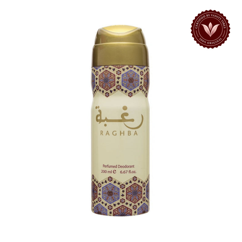 Lattafa Raghba Deodorant Spray 200ml - Long Lasting Oriental Fragrance for Men & Women — front single product on white with Vanity Vibes badge
