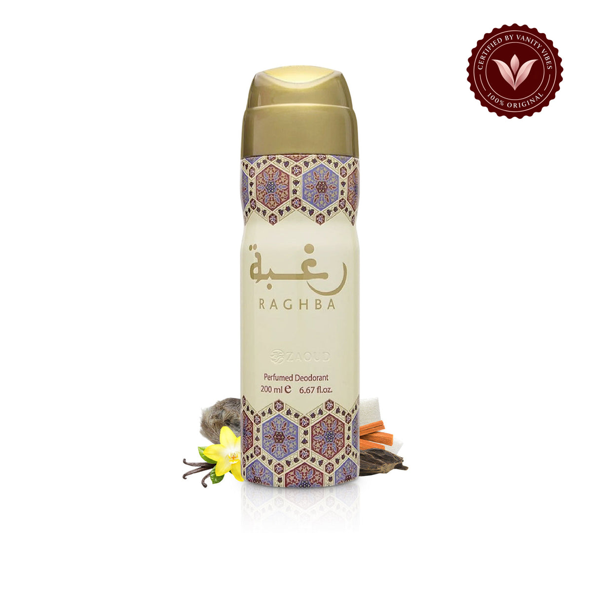 Lattafa Raghba Deodorant Spray 200ml - Long Lasting Oriental Fragrance for Men & Women — secondary product view on white with Vanity Vibes badge