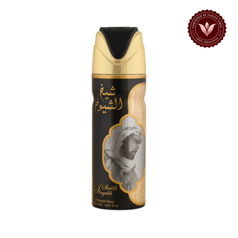 Lattafa Sheikh Al Shuyukh Deodorant Spray 200ml - Long Lasting Oriental Fragrance for Men & Women — front single product on white with Vanity Vibes badge