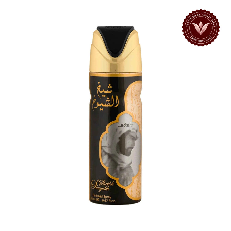 Lattafa Sheikh Al Shuyukh Deodorant Spray 200ml - Long Lasting Oriental Fragrance for Men & Women — secondary product view on white with Vanity Vibes badge