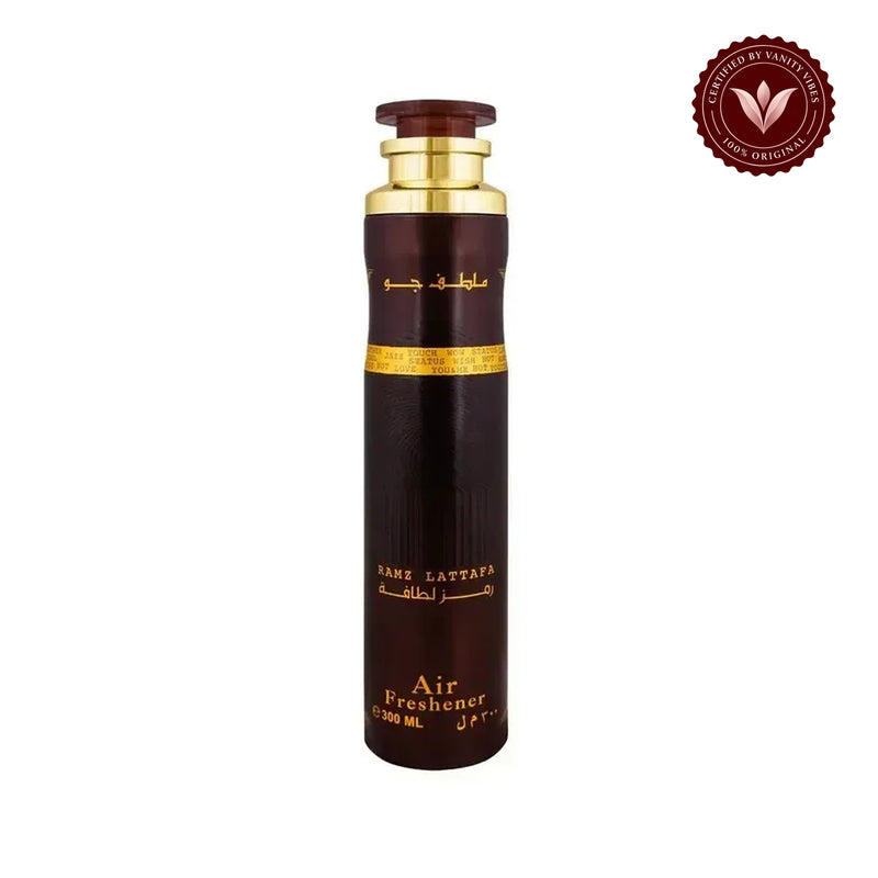 Lattafa Ramz Gold Air Freshener 300ml - Long Lasting Luxury Sweet Fruity Oriental Fragrance Room Spray for Home & Office — front single product on white with Vanity Vibes badge