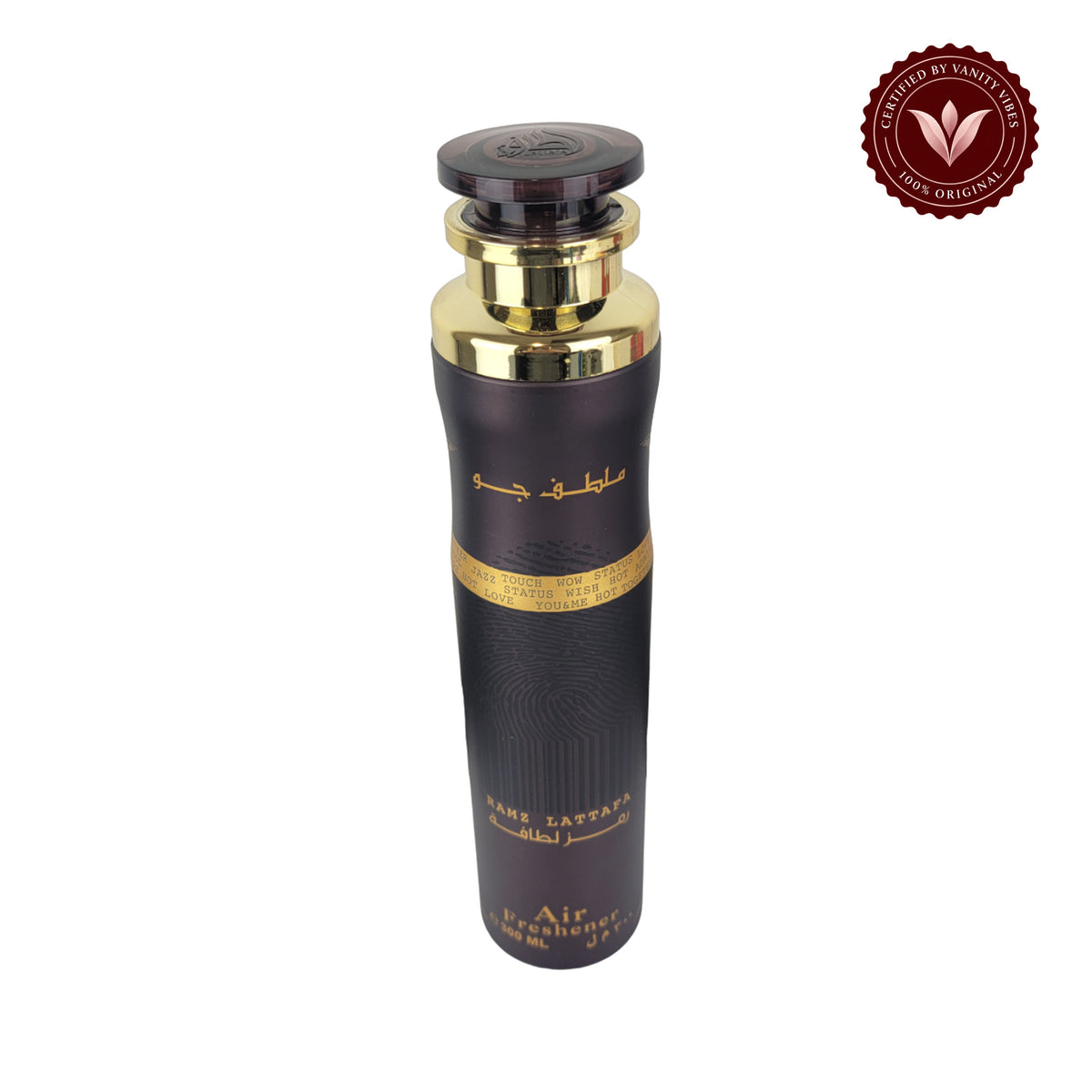 Lattafa Ramz Gold Air Freshener 300ml - Long Lasting Luxury Sweet Fruity Oriental Fragrance Room Spray for Home & Office — secondary product view on white with Vanity Vibes badge