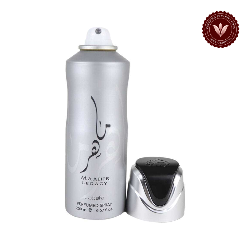 Lattafa Maahir Legacy Body Spray 200ml — can with cap removed, white background