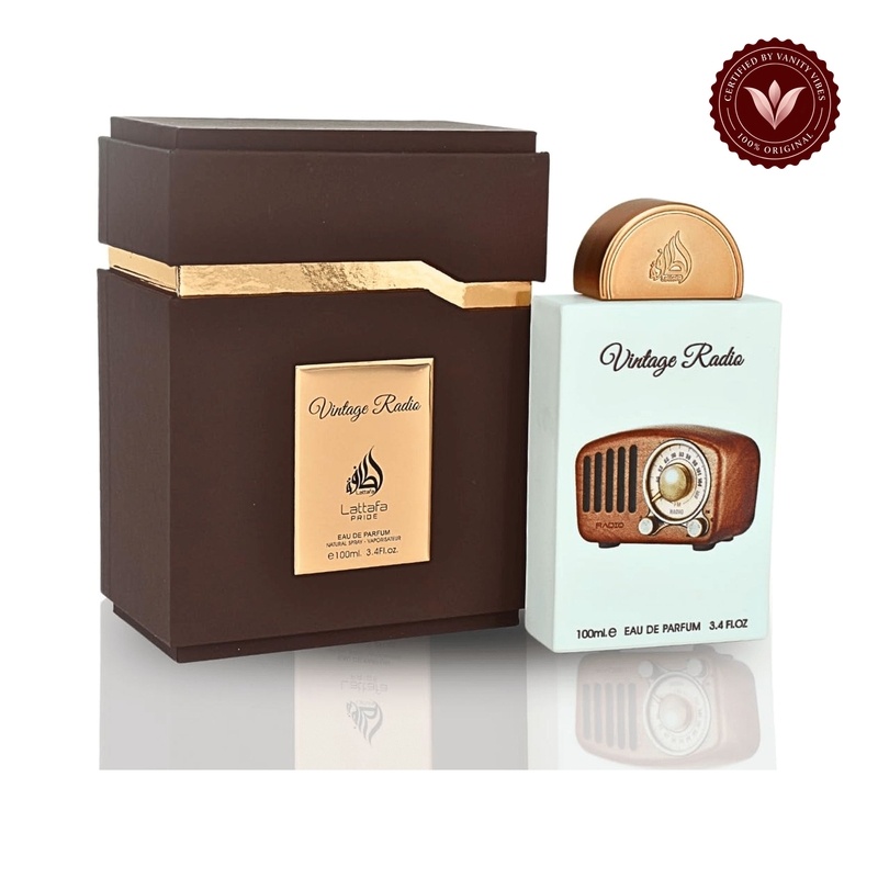 Lattafa Vintage Radio Eau de Parfum 100ml - Long Lasting Original Elegant Unisex Fragrance for Men & Women — alternate product view, white background — Vanity Vibes