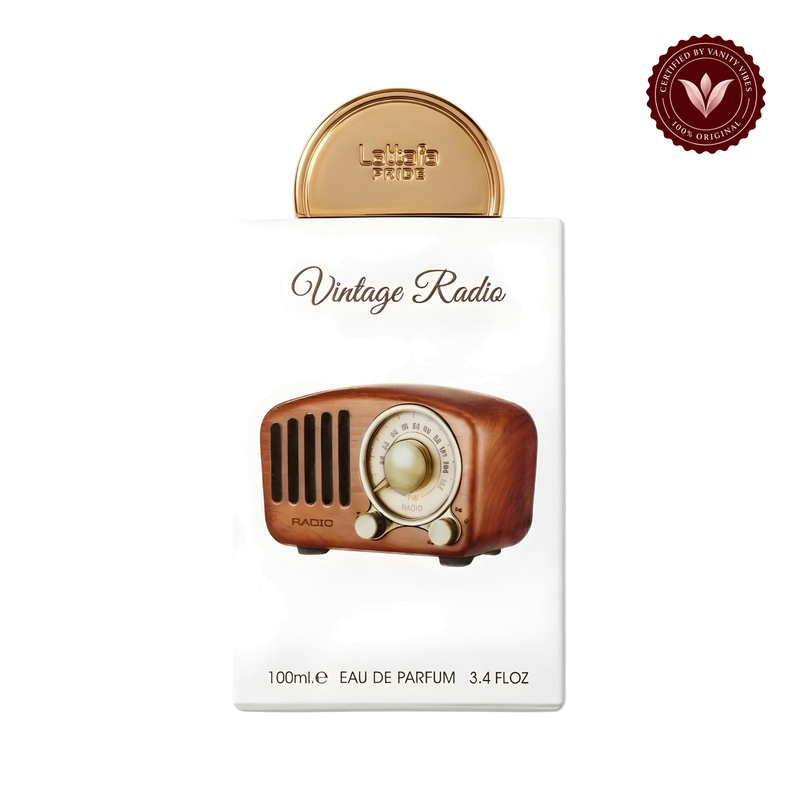 Lattafa Vintage Radio Eau de Parfum 100ml - Long Lasting Original Elegant Unisex Fragrance for Men & Women — front single product, white background — Vanity Vibes