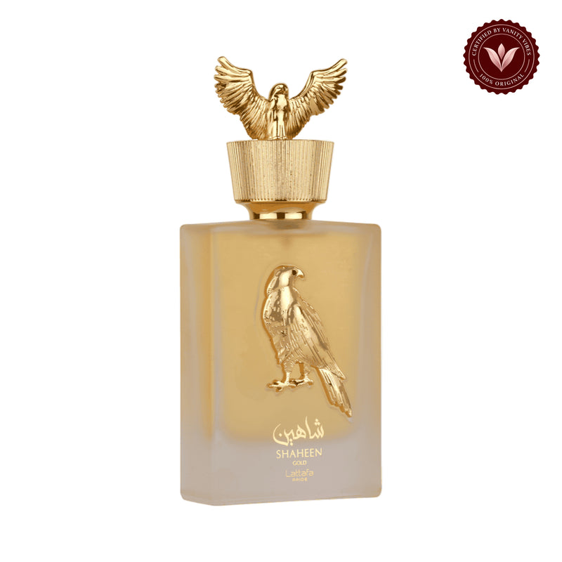 Lattafa Shaheen Gold Eau de Parfum 100ml - Original Long Lasting Unisex Perfume for Men & Women product on white background with Vanity Vibes badge