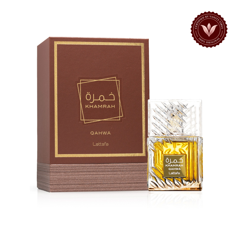 Lattafa Khamrah Qahwa EDP 100ml — alternate product and packaging view on white with Vanity Vibes badge