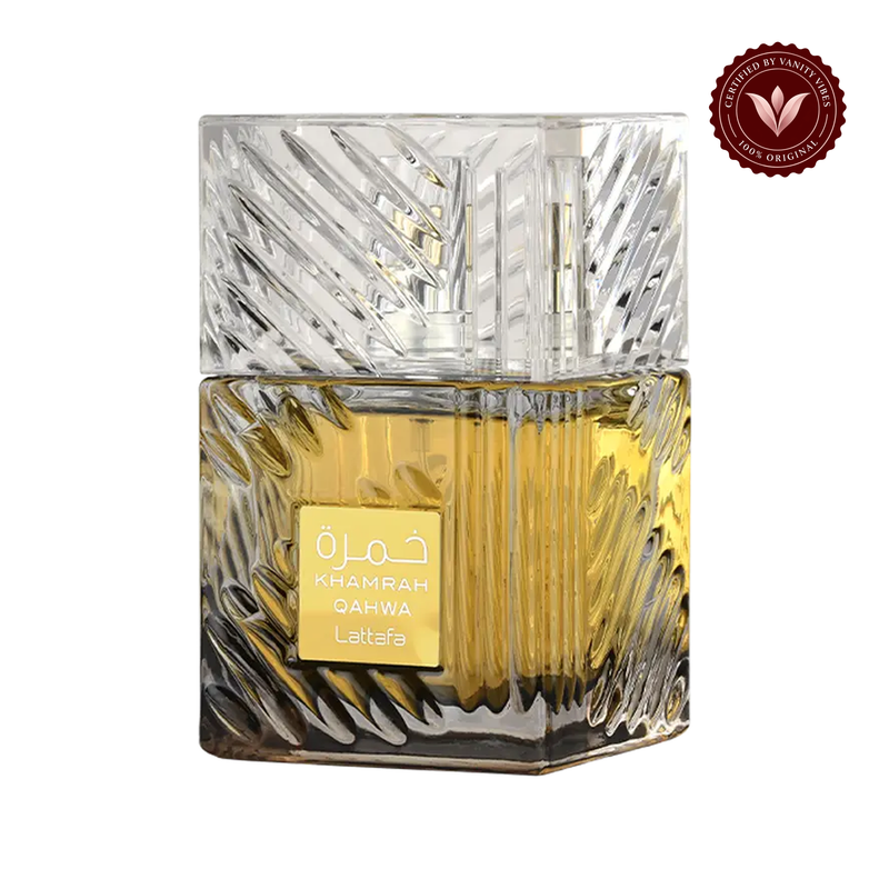 Lattafa Khamrah Qahwa EDP 100ml — centered front product photo on white with Vanity Vibes badge